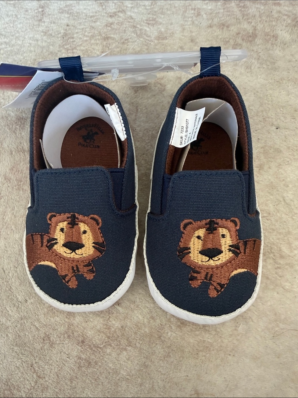 Beverly Hills Polo Club Navy Slip-On Kids Shoes with Brown Tiger Embroidery